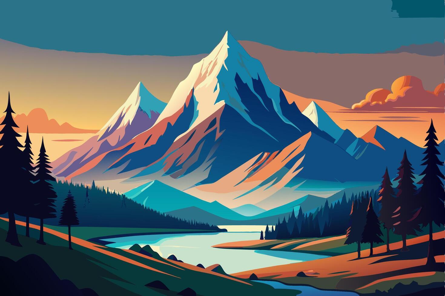 A painting of a mountain landscape with a river vector