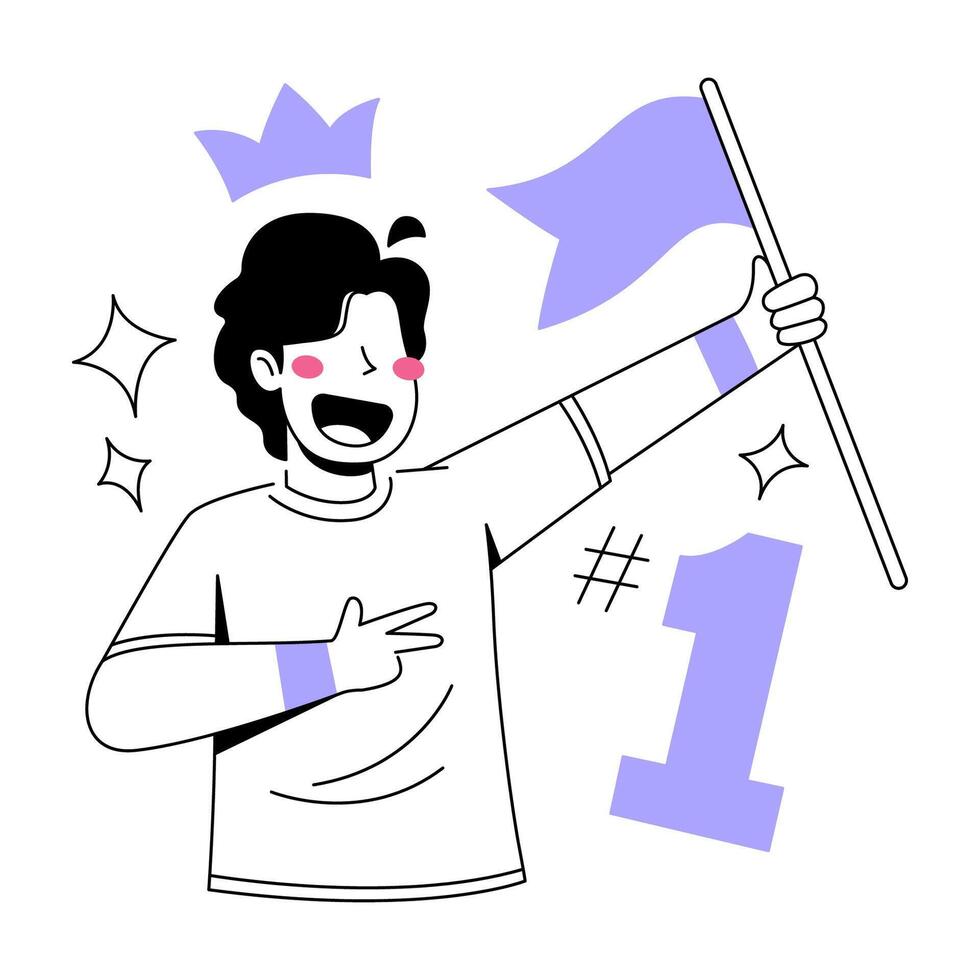 Triumph and Victory Illustration, A triumphant individual, crown atop their head, celebrates success by waving a flag, symbolizing achievement in a creatively drawn graphic. vector