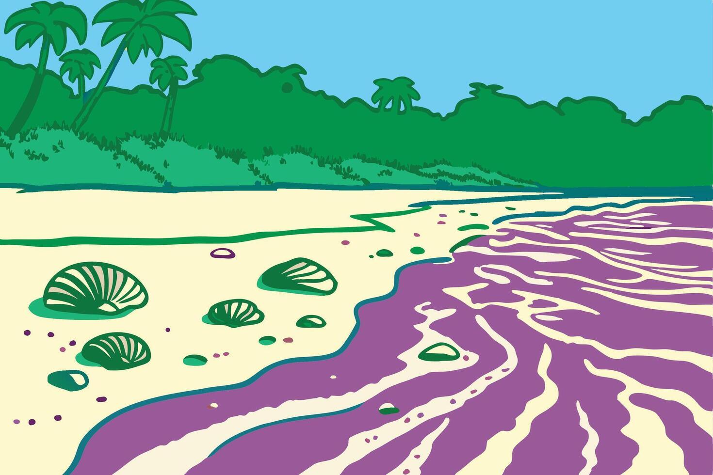A cartoon drawing of a beach with shells and palm trees vector