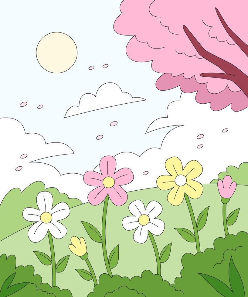 Blooming Garden in Bloom, A cheerful illustration of a vibrant garden in full bloom, with colorful flowers reaching towards a bright sun in a clear sky. vector