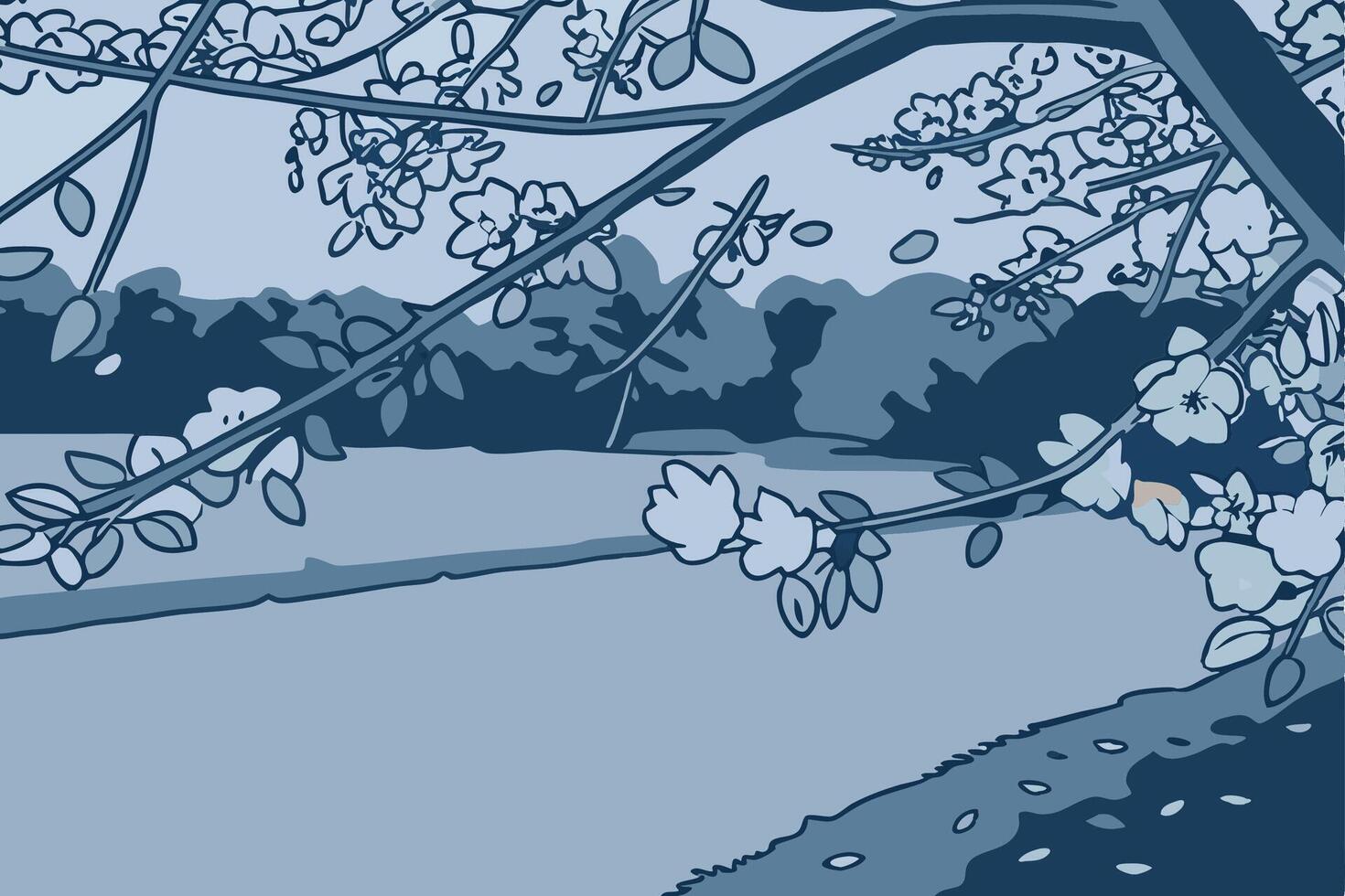 A drawing of a tree with flowers and a bench vector