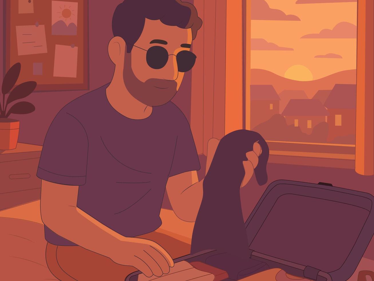 A man packs a suitcase in a sunlit room, preparing for travel, the window frames a beautiful sunset. vector