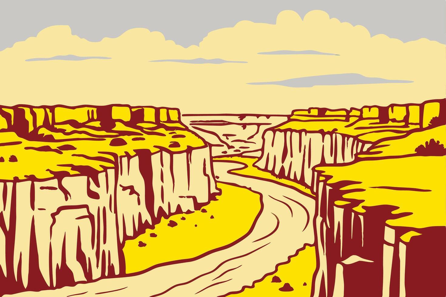 A drawing of a canyon with a river running through it vector
