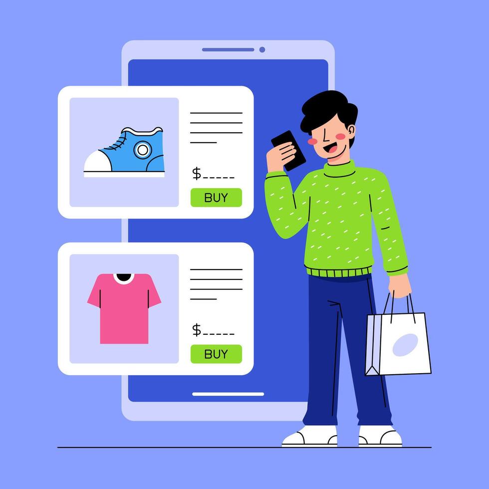 A man is choosing a product in an online marketplace using a smartphone Illustration vector