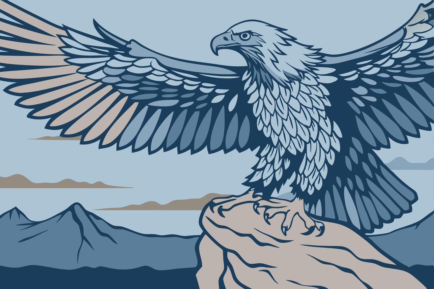 Eagle standing on top of a mountain with its wings spread out vector