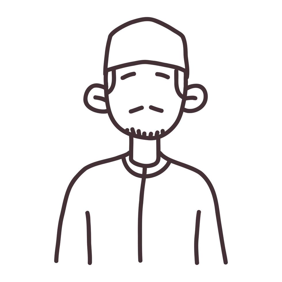 Hand-drawn Illustration of Muslim Man in Traditional Clothing, Simple and minimalist, this illustration depicts a Muslim man in traditional attire. The focus is on his face and facial features. vector