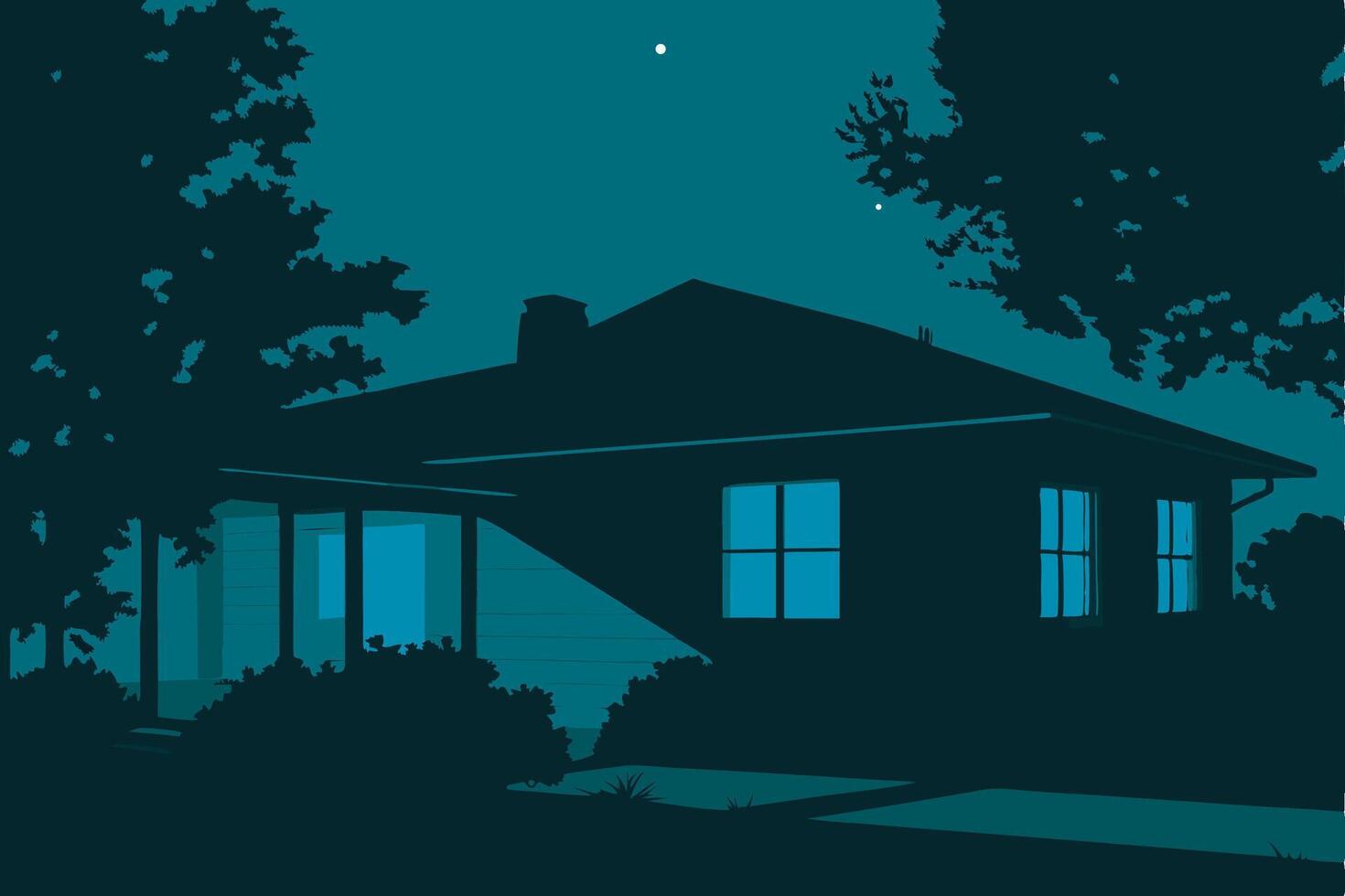 A silhouette of a house at night with a moon and stars vector