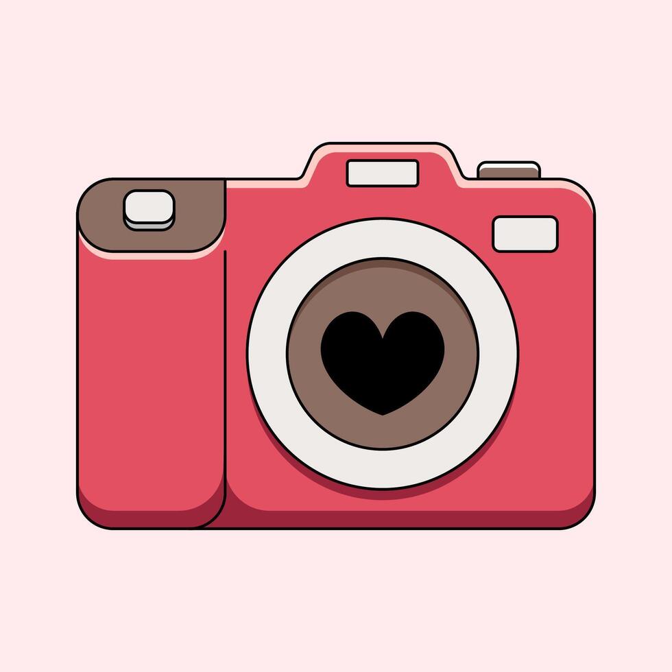 A vibrant illustration showcases a camera with a heart-shaped lens, representing the art of capturing memories with love and affection. vector