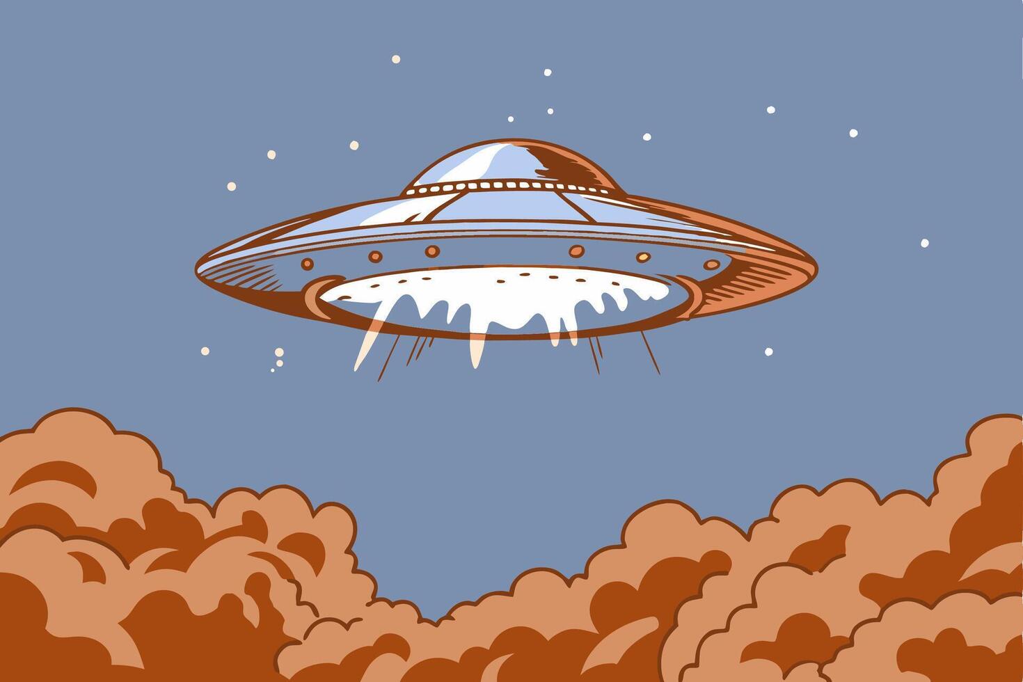 An illustration of a flying saucer in the sky vector