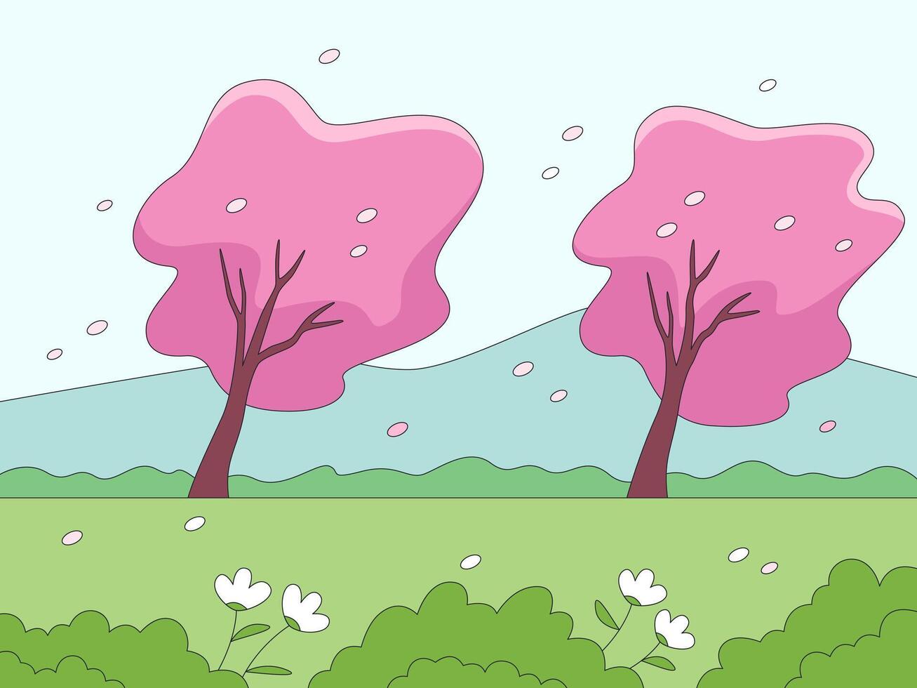 Blossom Breeze, Two vibrant pink blossom trees sway in the wind, petals dancing across a whimsical landscape with gentle hills, serene meadows, and a clear sky. vector