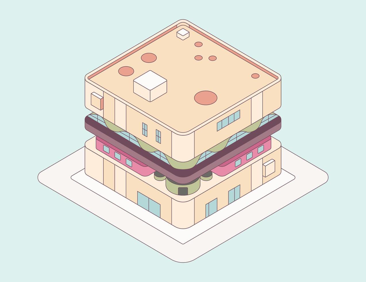 A whimsical architectural marvel, intricately designed to mimic the layers of a culinary sandwich, each floor representing a different ingredient of the sandwich, and set against a pastel backdrop vector