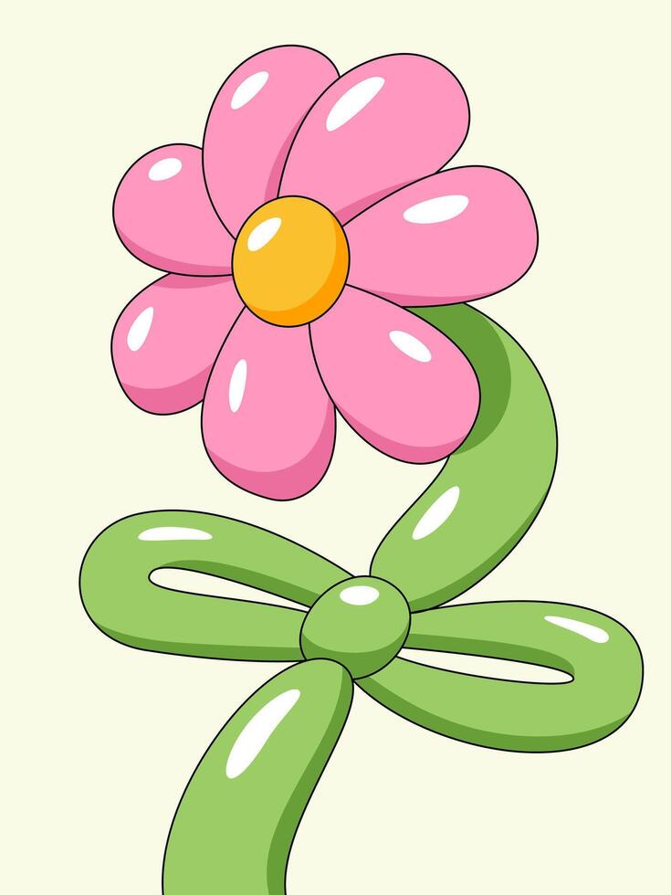 Balloon Flower, A whimsical, cheerful balloon animal shaped like a flower, with pink petals, a yellow center, and green leaves. This vibrant vector