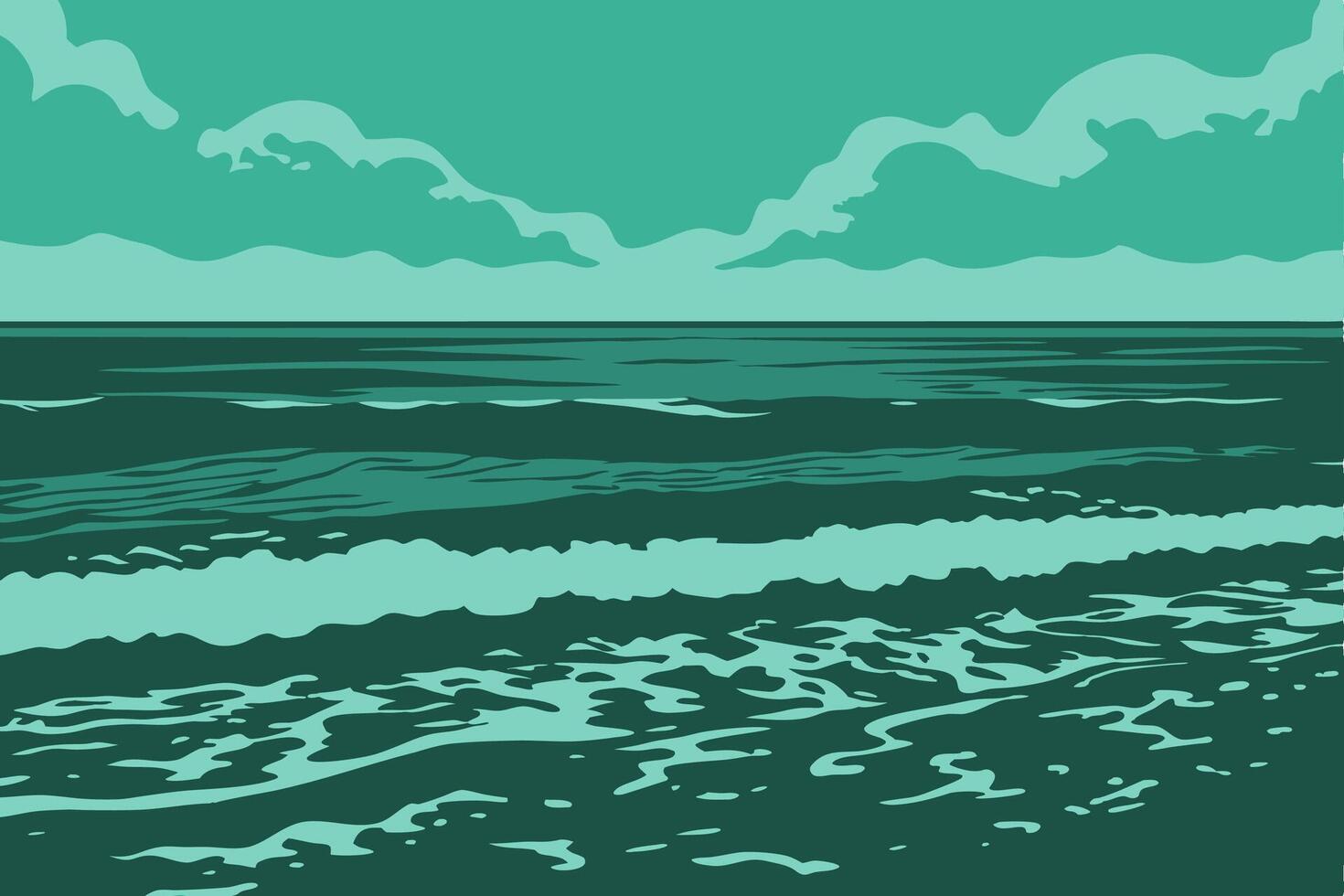 A green and blue ocean with waves and clouds vector
