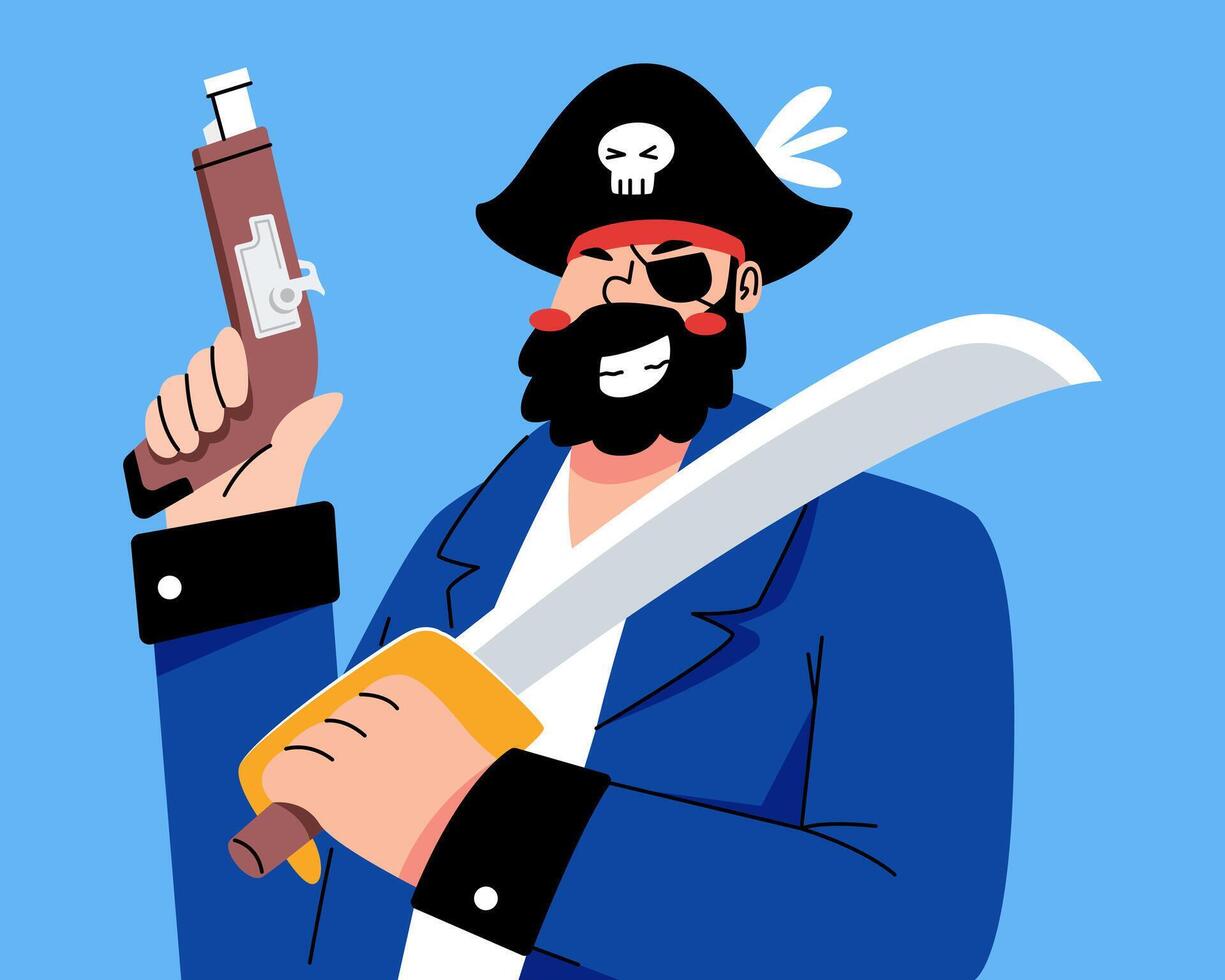 A Man is Wearing a Blue Pirate Costume and Carrying a Sword and a Classic Gun Illustration vector