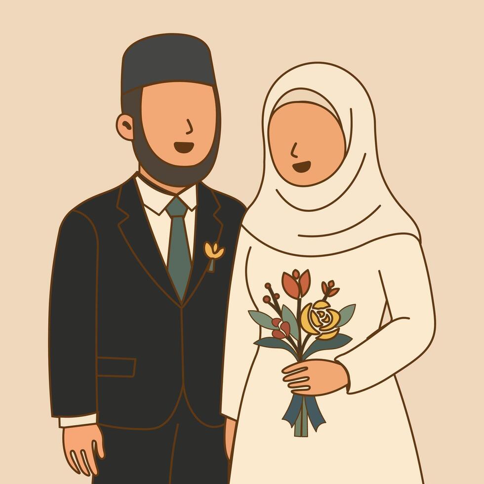 Capturing the essence of an elegant Muslim wedding, a newlywed couple radiates happiness and the beginning of their life together. vector