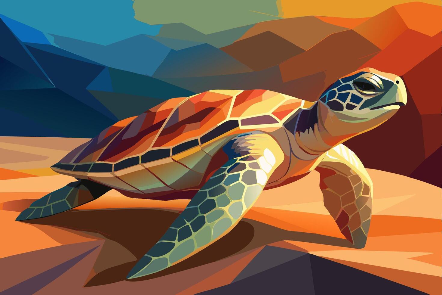 A low poly turtle on a beach with mountains in the background vector