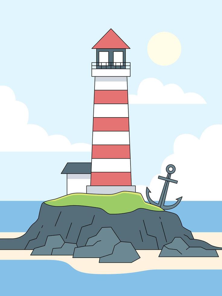 Guiding Light, Lighthouse Stands Tall, A vibrant illustration of a lighthouse, perched atop a rocky island, under a bright sunny sky, beaconing safe passage to seafarers. vector