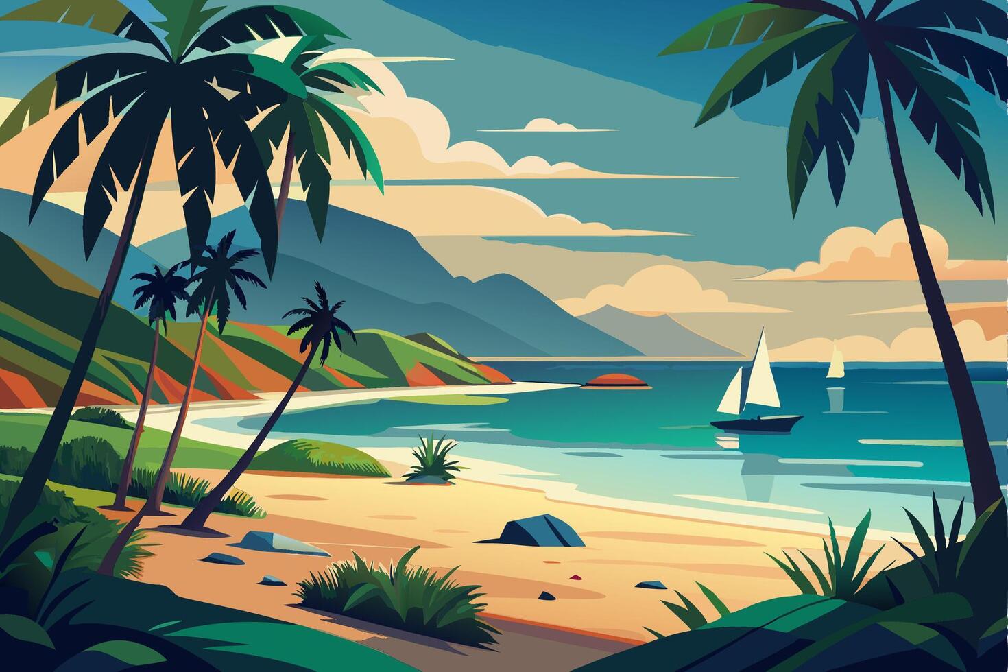 Tropical beach with palm trees and sailboat vector