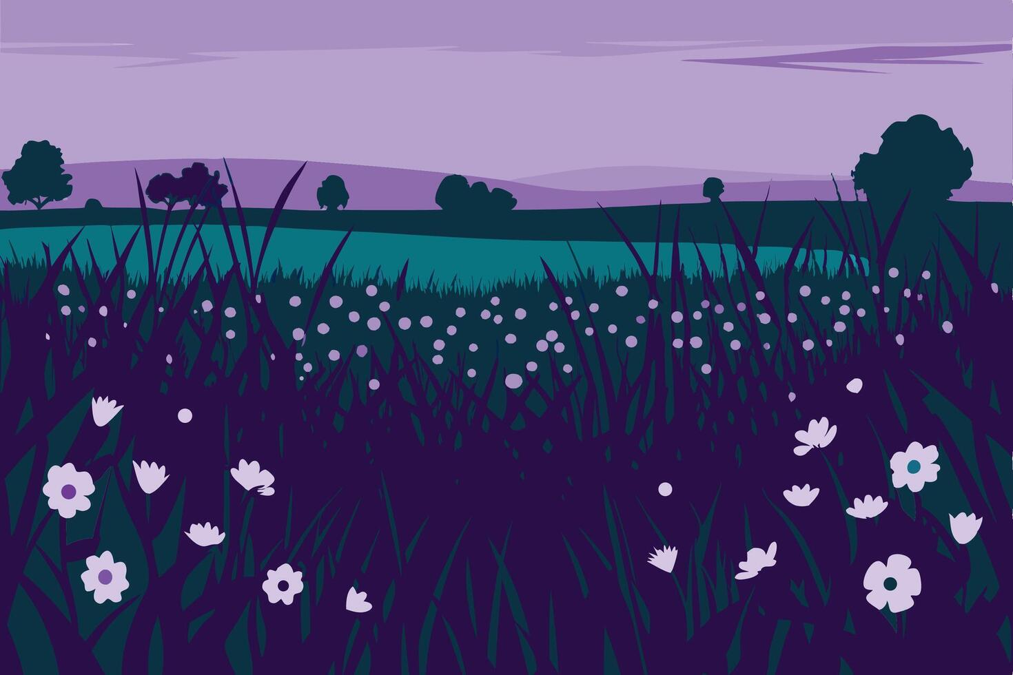 A field with flowers and grass at dusk vector