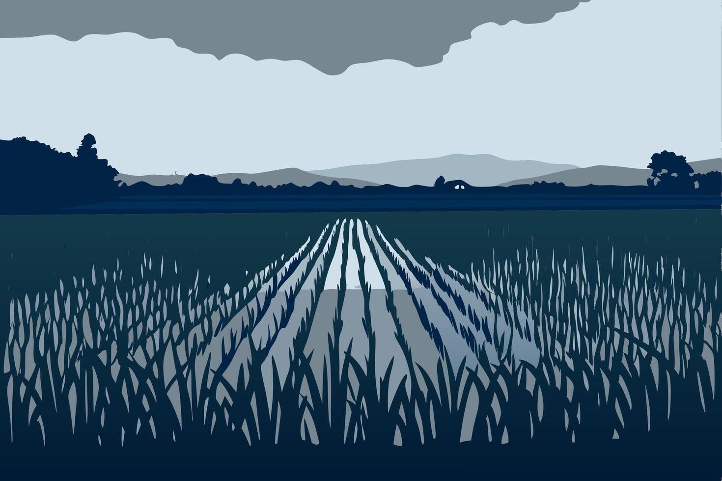 A blue and white illustration of a field with a road vector