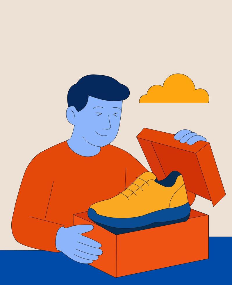 A man unveils a brand new shoe from a stylish box, highlighting a moment of excitement and anticipation. Focus is on a fashionable yellow shoe as he gently lifts the lid. vector