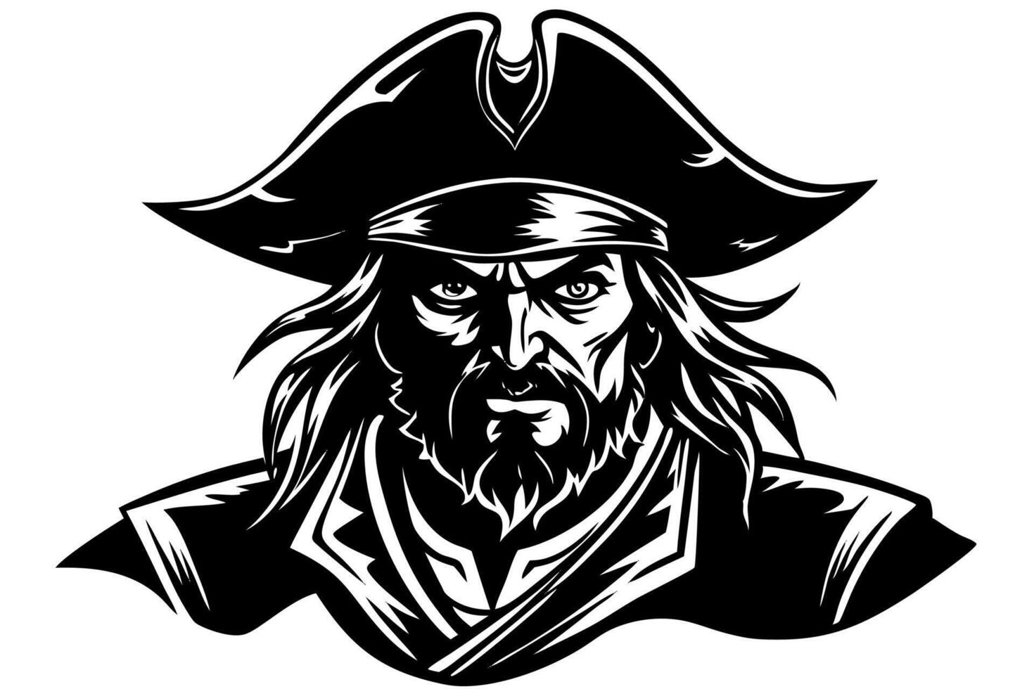 Pirate man with long hair and beard in a hat vector