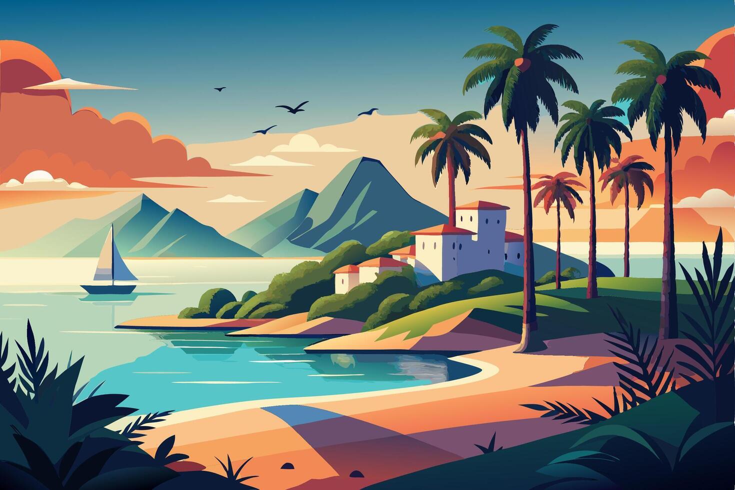 Tropical island landscape with palm trees and a sailboat vector