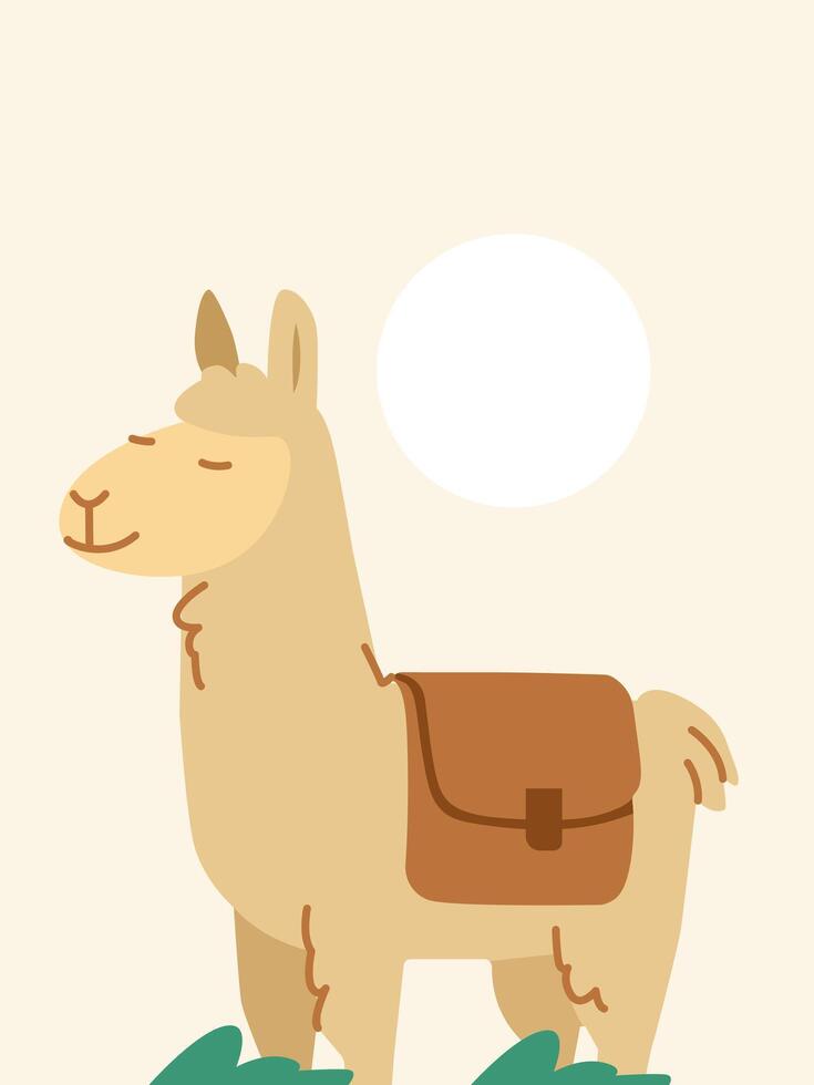 A charming illustration of a llama with a saddle, set against a soft pastel backdrop, evokes a sense of simplicity and wanderlust. vector