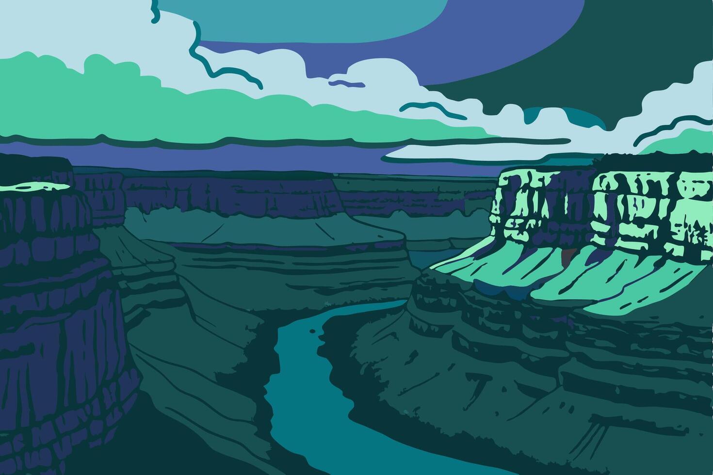 A painting of a canyon with a river running through it vector