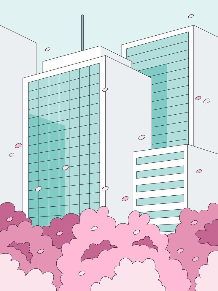Cityscape in Bloom, An urban landscape showcases sleek, modern buildings framed by the delicate beauty of flowering trees, creating a serene blend of urban and natural elements. vector