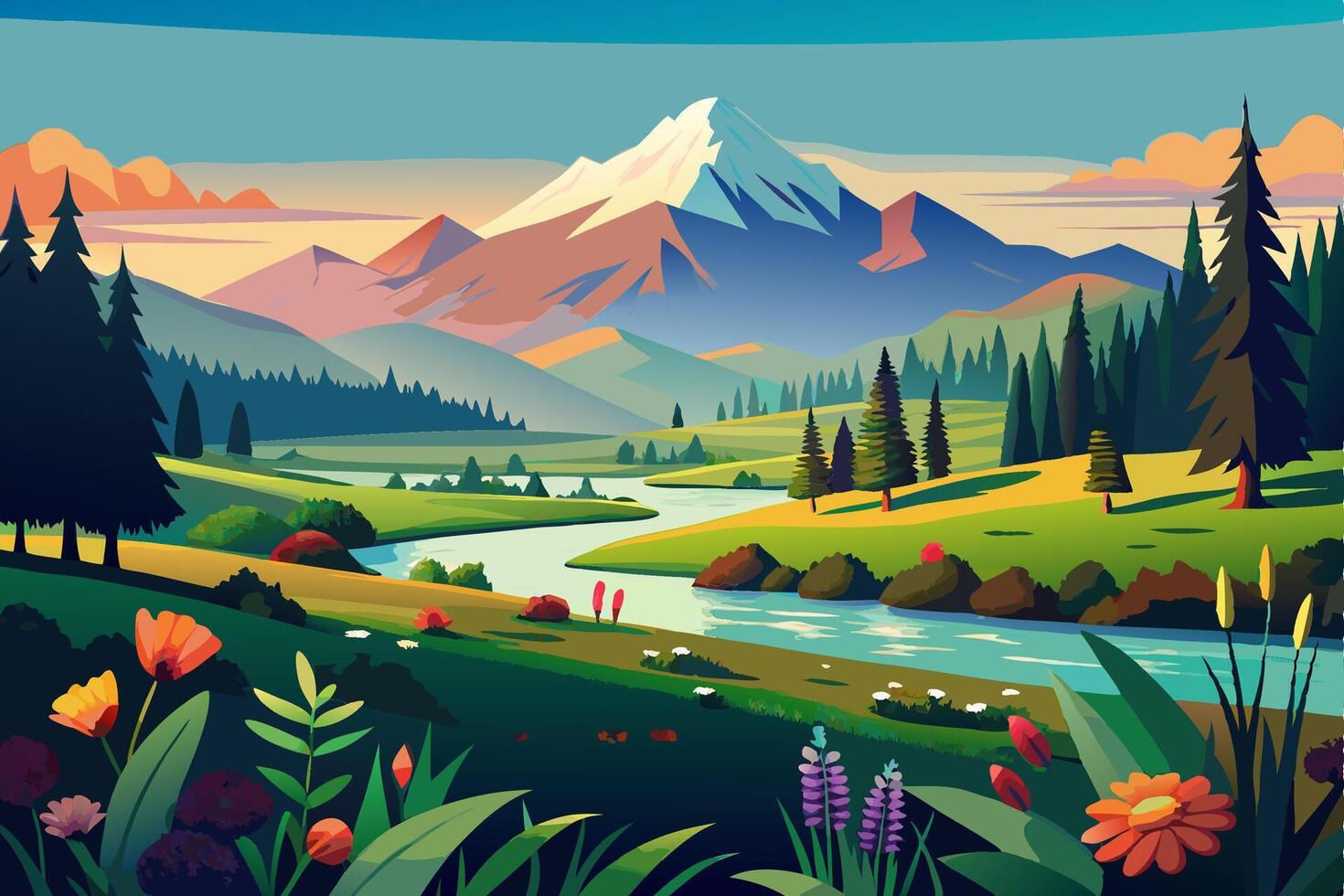 A colorful illustration of a mountain landscape with a river and flowers vector