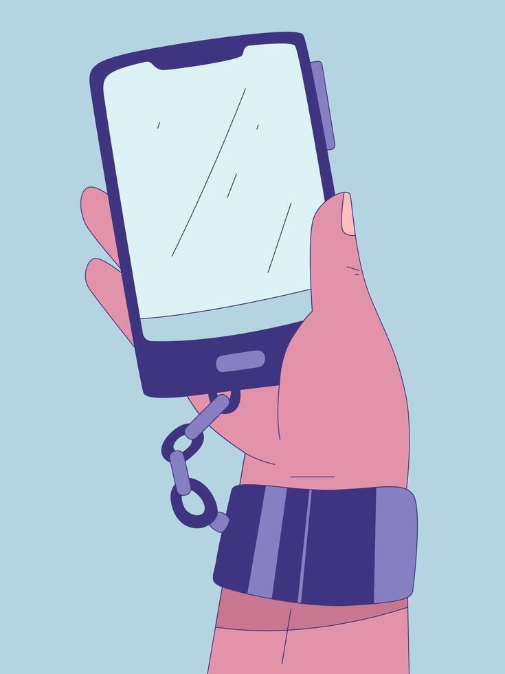 A poignant illustration visually interprets the grasp of smartphone addiction, a digital leash binds the device to a wrist. vector