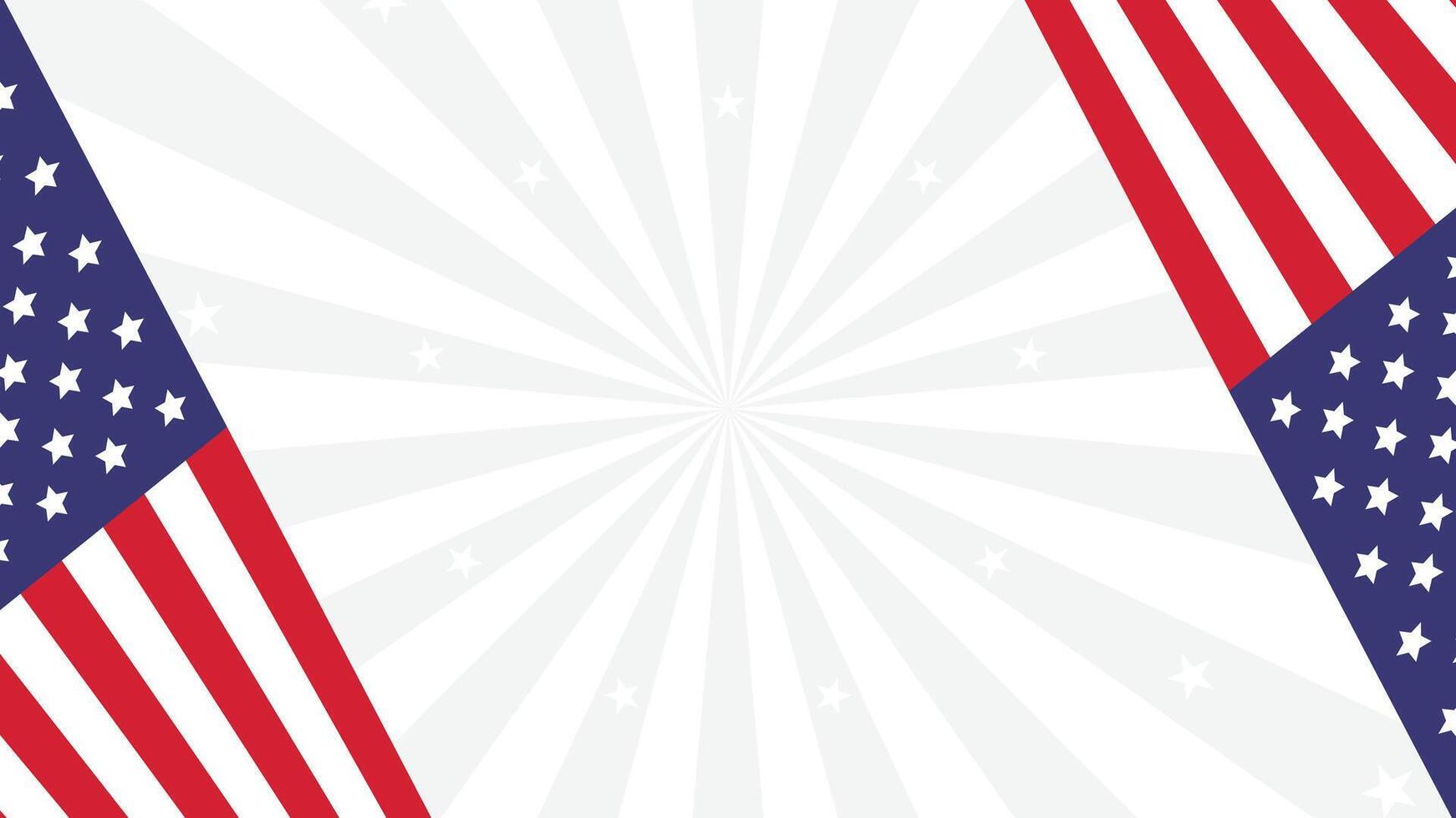 Patriotic corner flag layout with stars and stripes on bright radial rays. vector