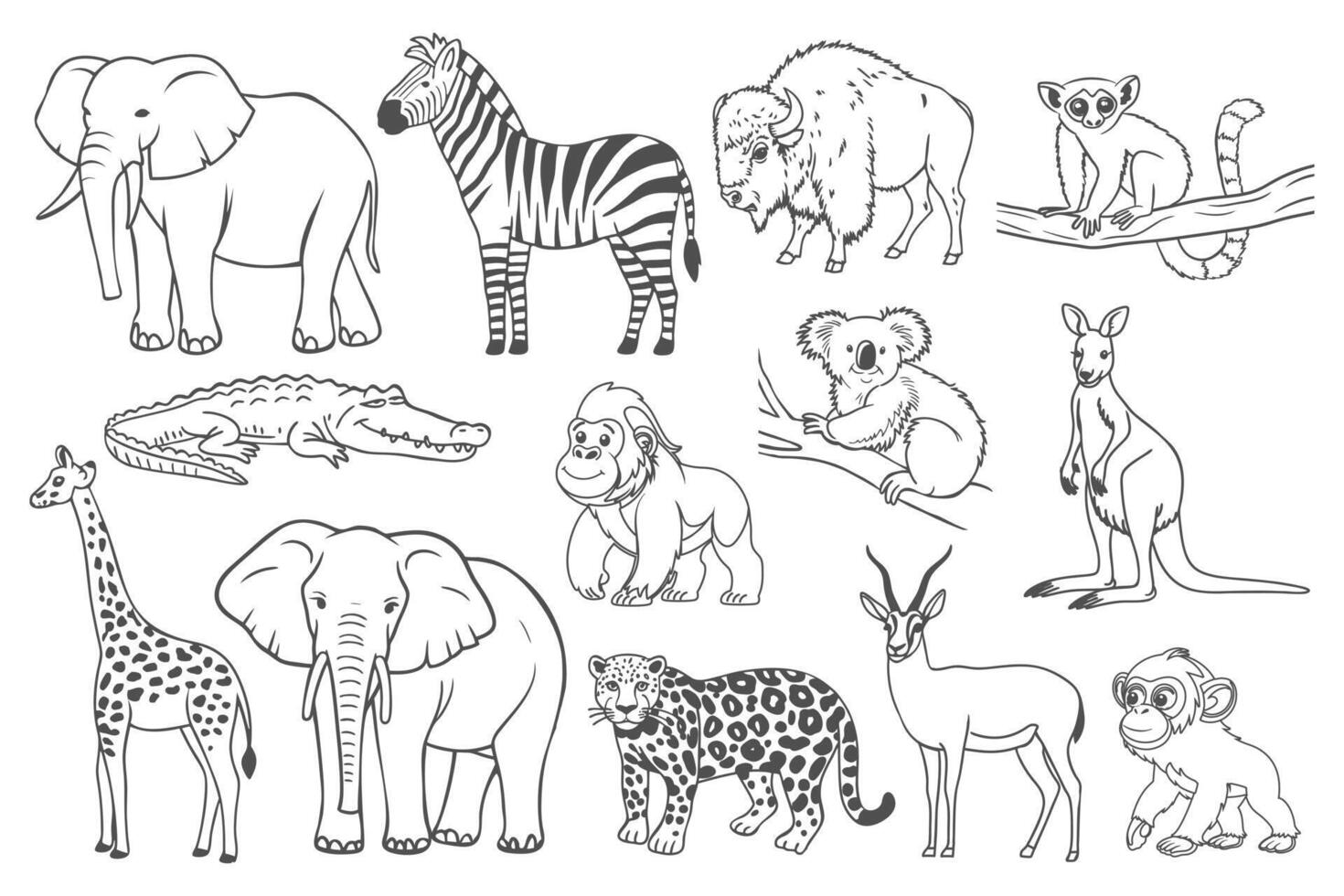Set of hand drawn african wild animals. Set of tropical animals. Outline sketch illustration. vector