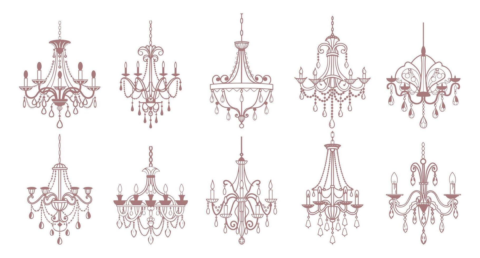Collection of various pink chandeliers. Hand drawn illustration of antique crystal chandeliers. Sketch drawing. vector