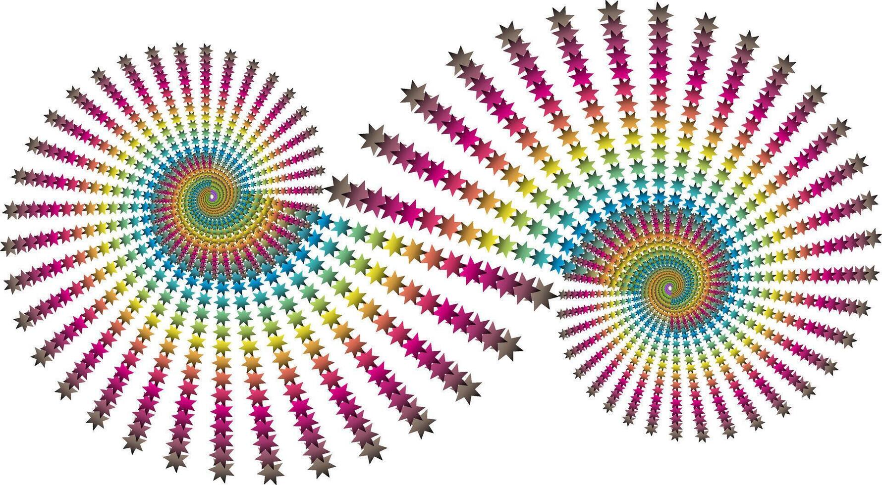 Two symmetrical spirals facing each other, each composed of eight-pointed star-shaped elements. The colors of the stars form a rainbow gradient vector