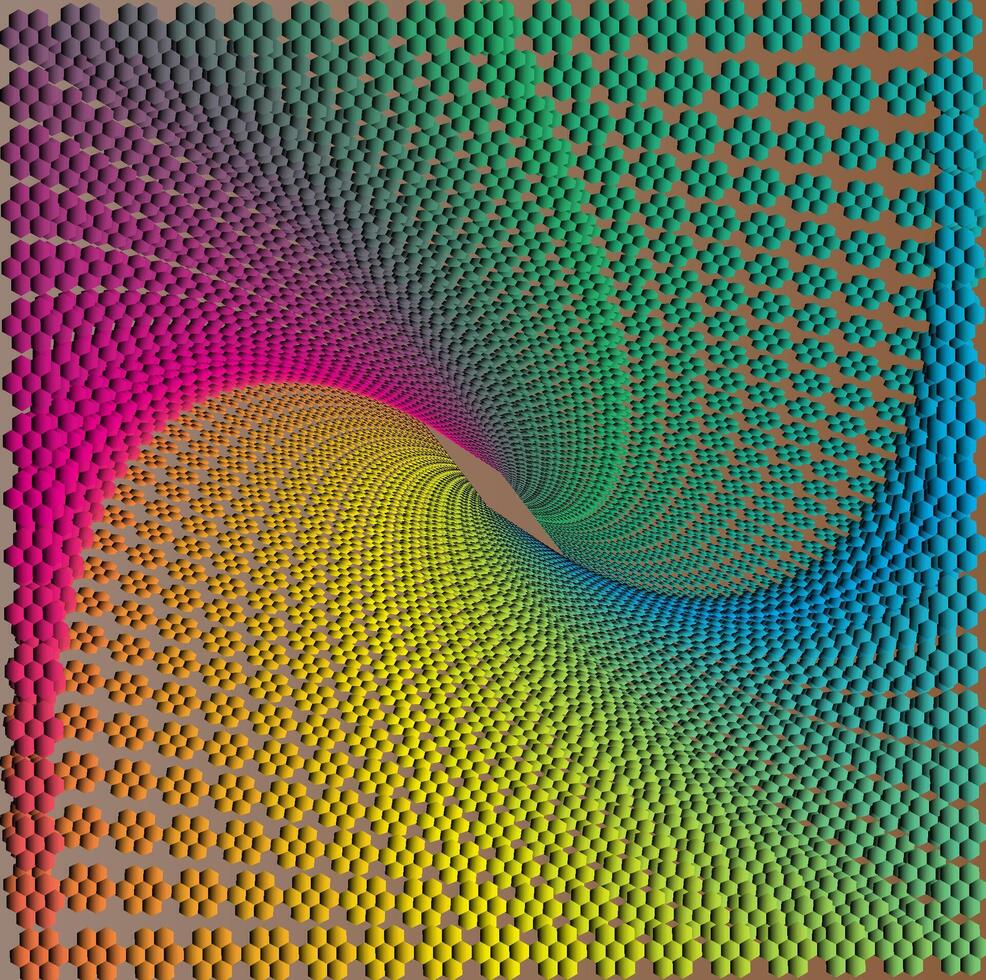 Digital image with colorful hexagonal patterns forming symmetrical swirls, optical illusion effect, rainbow color gradation vector