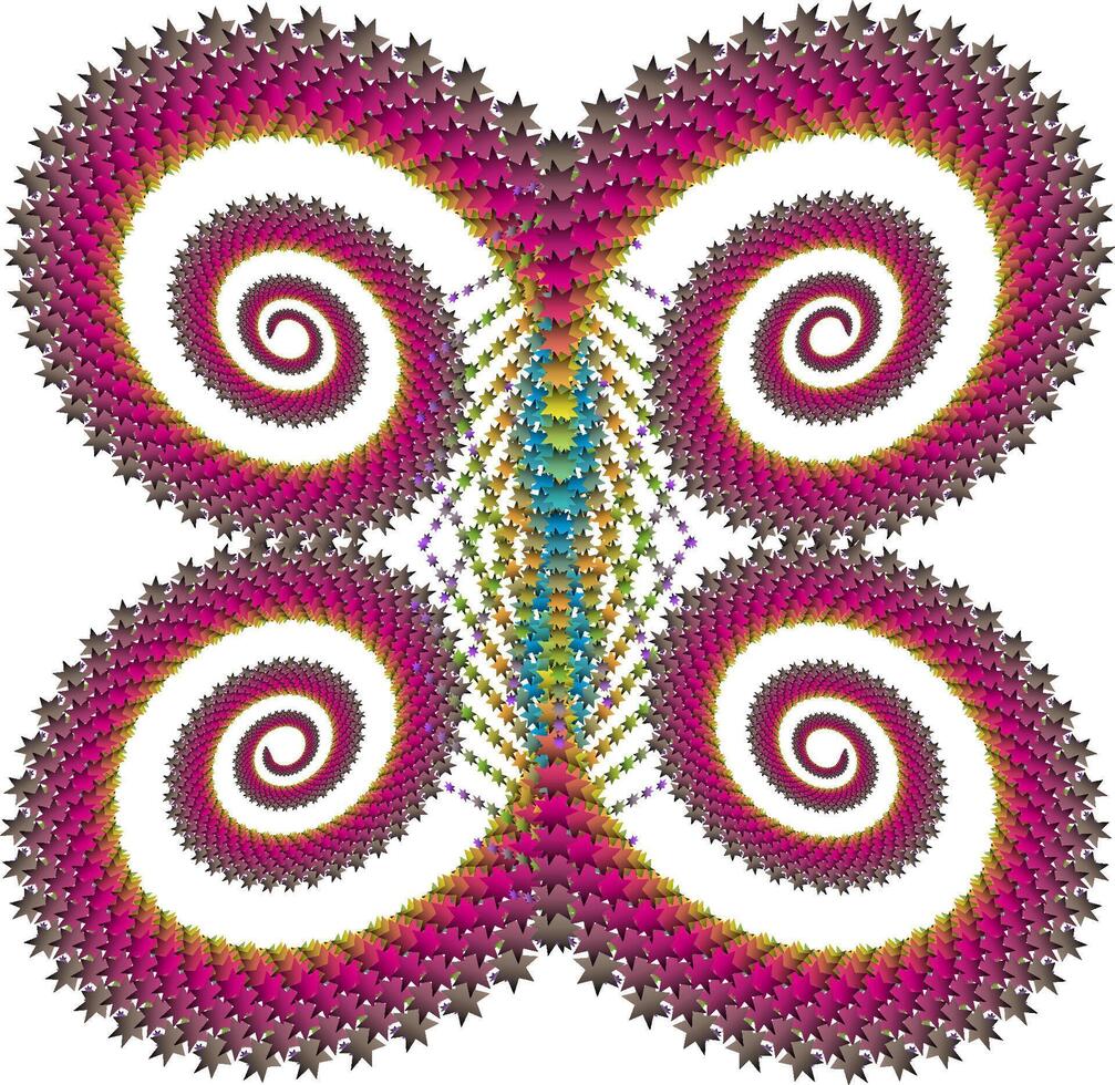 Symmetrical pattern consisting of four colorful spirals arranged to form a butterfly shape. In the middle of the diamond pattern image also consists of small stars with color gradation vector