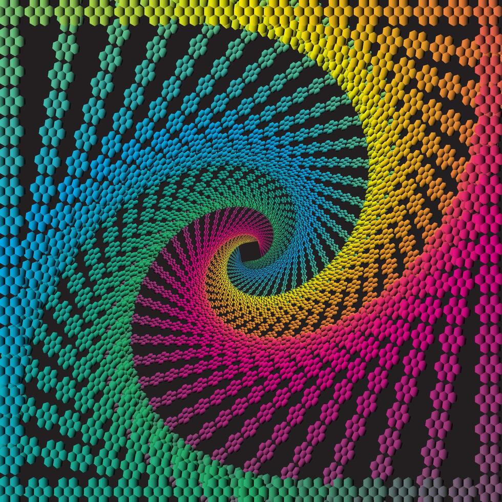 Digital illustration of rainbow hexagonal patterns forming dynamic spirals, creating the illusion of depth and movement in 3D vector
