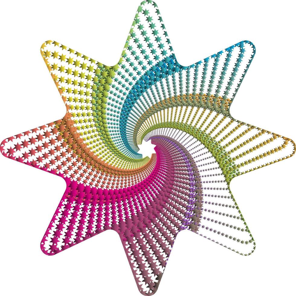 A colorful star-shaped graphic image with a spiral pattern of small stars inside. The colors change subtly. The stars shrink in size as they rotate towards the center vector