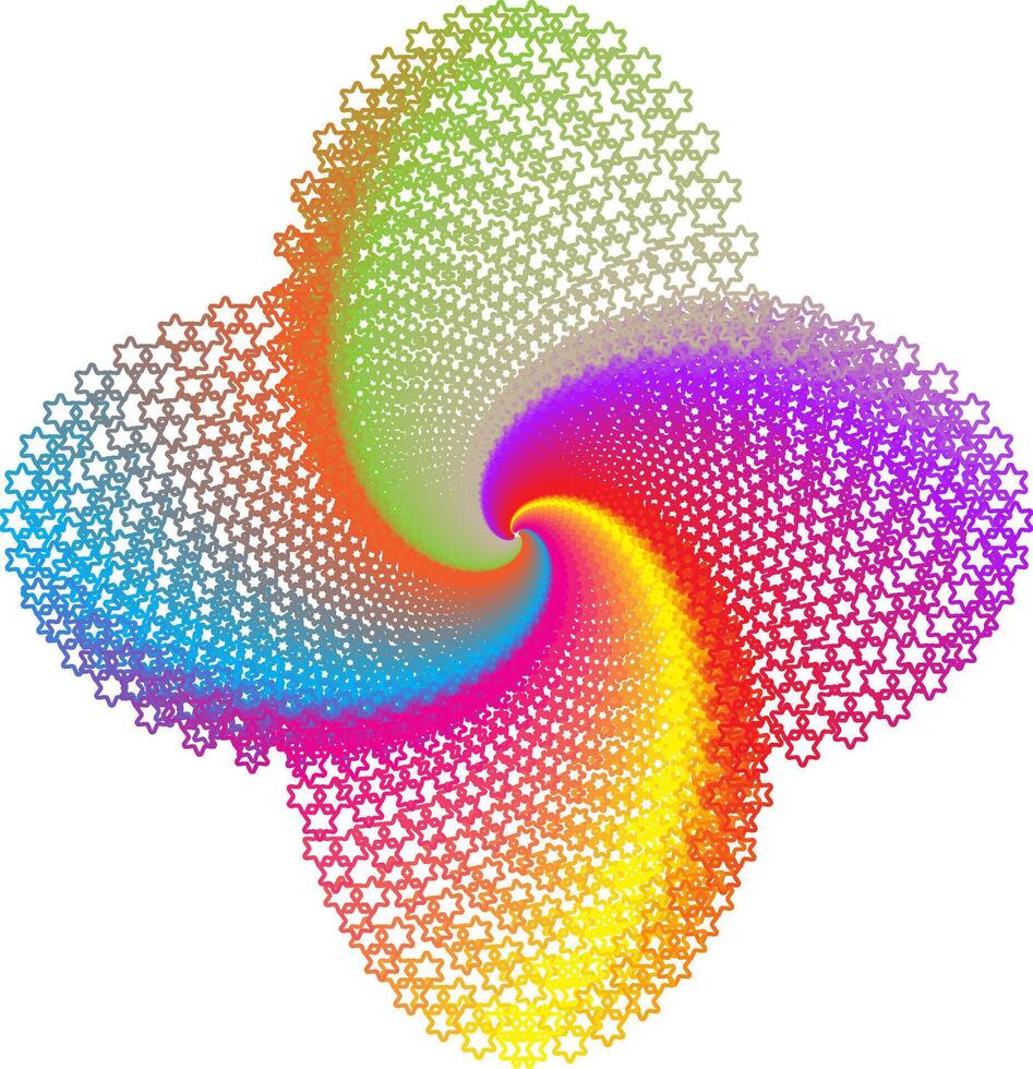 A four-way symmetrical spiral composition with a rainbow-colored six-pointed star pattern, blending from the center in a circular motion resembling a dynamic vortex vector