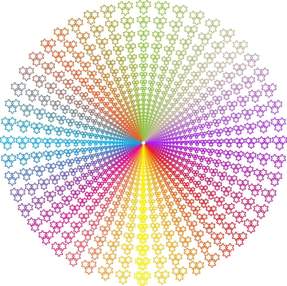 A radially symmetrical visual composition with a rainbow-colored six-pointed star pattern arranged from the center outward vector