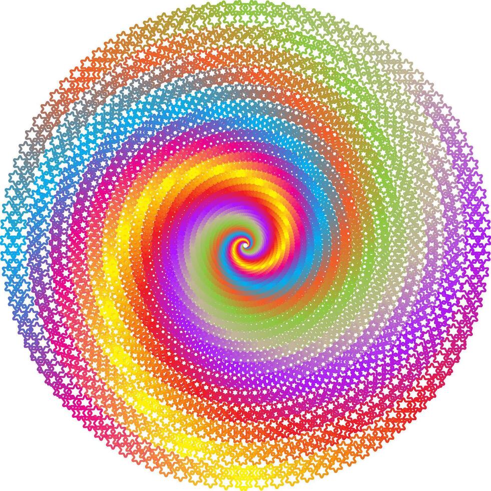A psychedelic spiral composition consisting of rainbow-colored six-pointed star patterns, tightly arranged to form an optical vortex effect vector