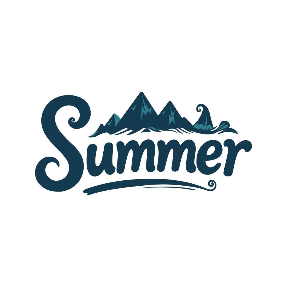 Summer logo with mountain and wave elements in summer-style text. Great for seasonal branding or vacation campaigns. vector