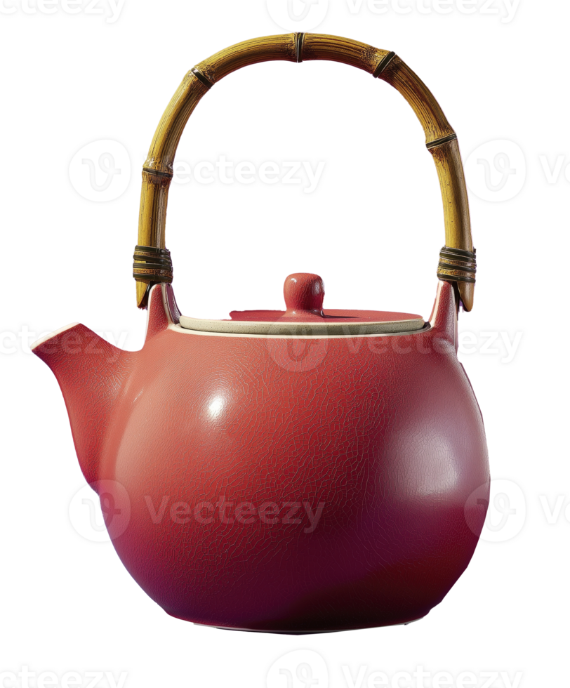 Ceramic teapot with bamboo handle exudes feeling of tranquility. light red color creates calm and refreshing impression png