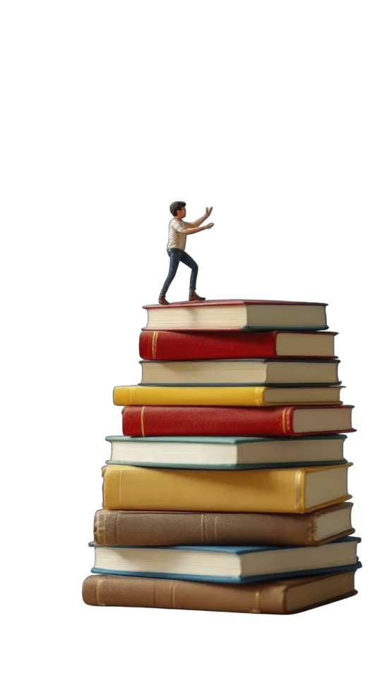 Tiny figure standing atop mountain of books, looking victorious. surreal, intellectual journey, full of knowledge and possibility png