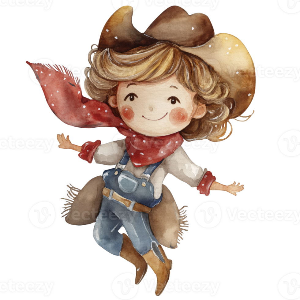 Cheerful cowgirl, painted in watercolor, leaps with joy. Her playful spirit and rustic attire create delightful, heartwarming scene png
