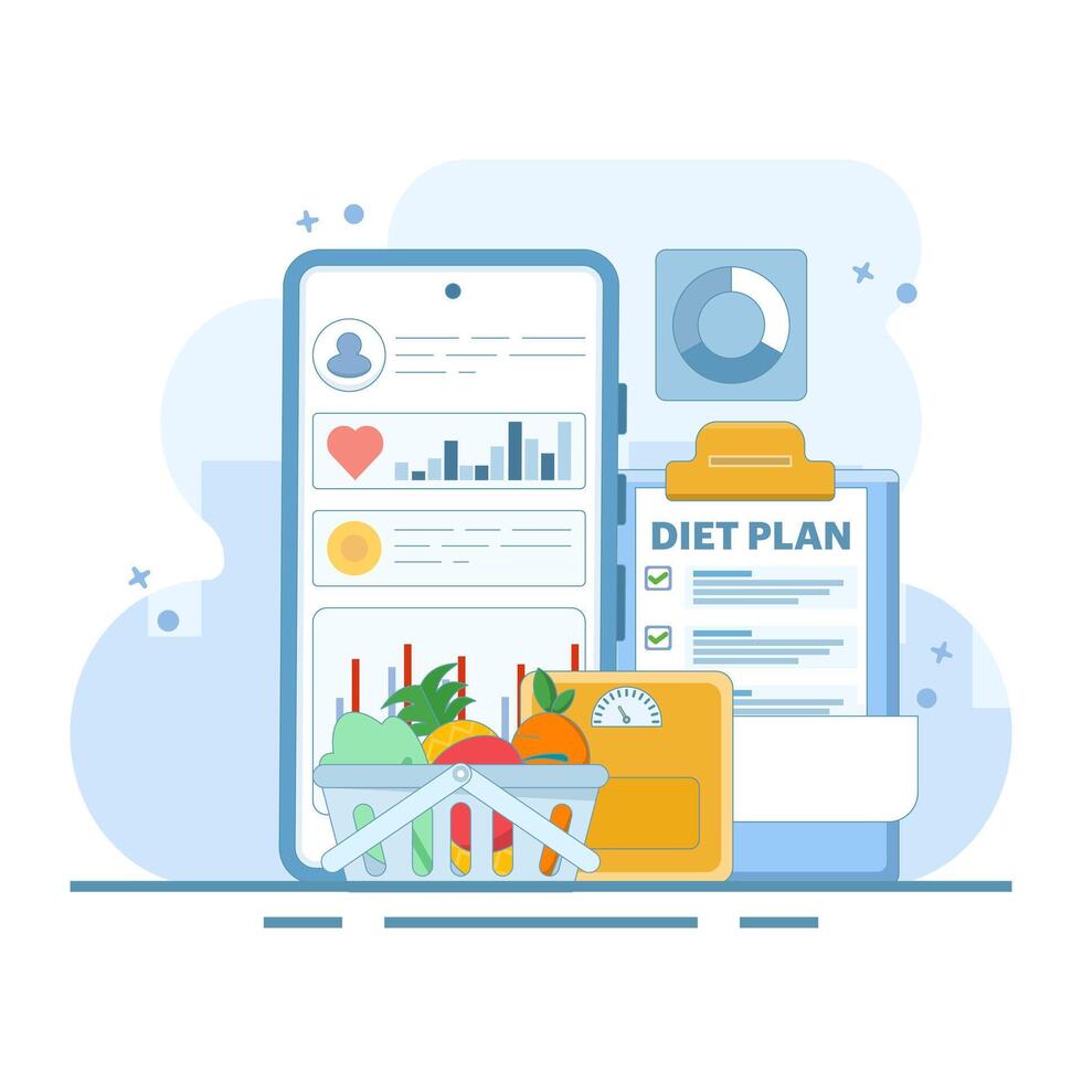 flat cartoon illustration of following a diet plan with healthy foods. featuring fruits and vegetables, symbolizing a healthy eating plan. healthy and regular spirit. improving health and nutrition. vector