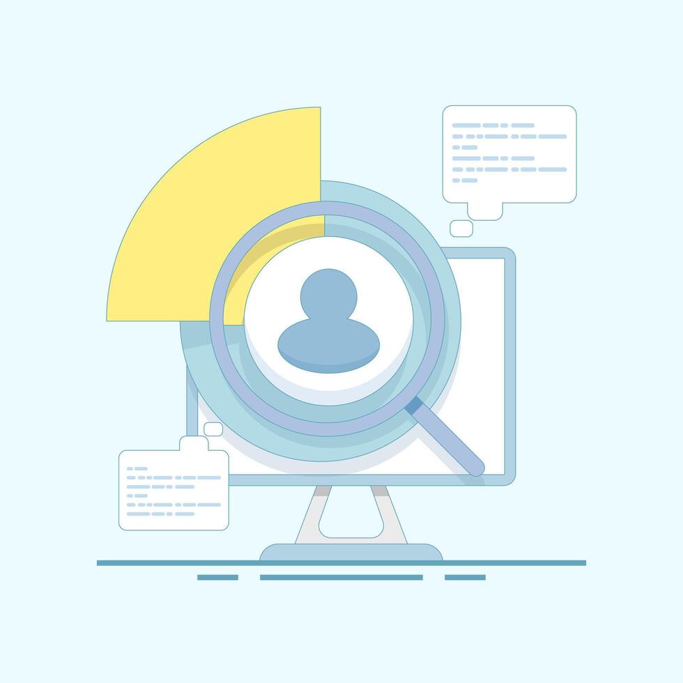 Marketing analysis and development concepts. Getting to know customers better. Using a magnifying glass to view customer reviews. Business statistical graph analysis. vector