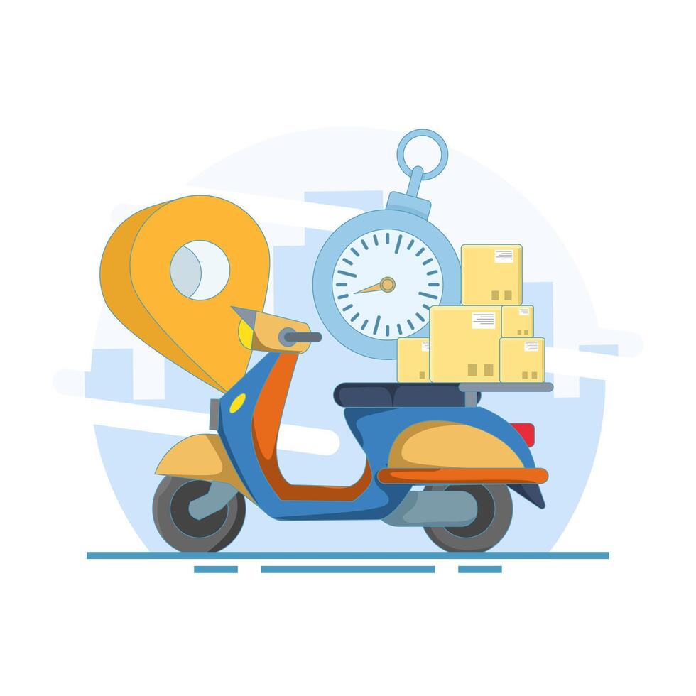 Fast Delivery Concept using scooter. Online business delivery with courier. Mobile online map navigation. Scooter with Stopwatch and pin. Flat style design illustration on background. vector